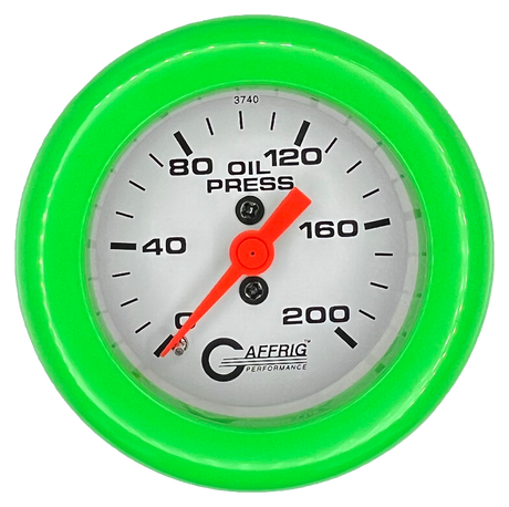 GAFFRIG 2 INCH MECHANICAL OIL PRESSURE 0-200 PSI GAUGE FAT RIM (218) / LIME GREEN / WHITE