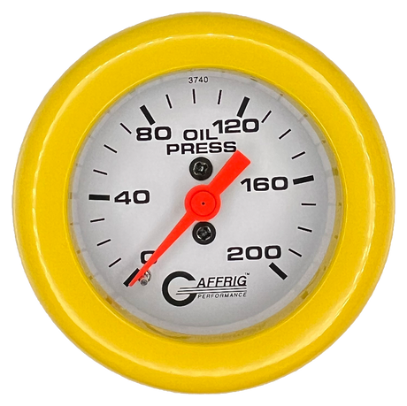 GAFFRIG 2 INCH MECHANICAL OIL PRESSURE 0-200 PSI GAUGE FAT RIM (218) / YELLOW / WHITE