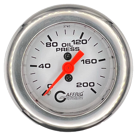 GAFFRIG 2 INCH MECHANICAL OIL PRESSURE 0-200 PSI GAUGE FAT RIM (218) / CHROME/POLISHED / WHITE