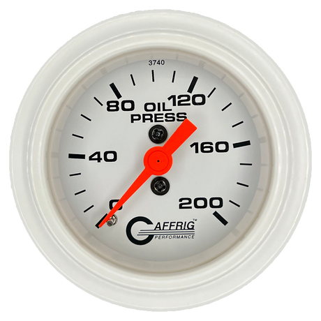 GAFFRIG 2 INCH MECHANICAL OIL PRESSURE 0-200 PSI GAUGE STEP RIM (002) / WHITE / WHITE