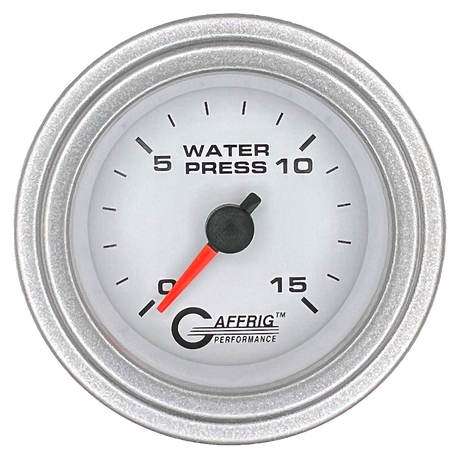 GAFFRIG 2 INCH MECHANICAL WATER PRESSURE 0-15 PSI GAUGE STEP RIM (002) / PLATINUM / WHITE