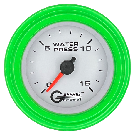 GAFFRIG 2 INCH MECHANICAL WATER PRESSURE 0-15 PSI GAUGE STEP RIM (002) / LIME GREEN / WHITE