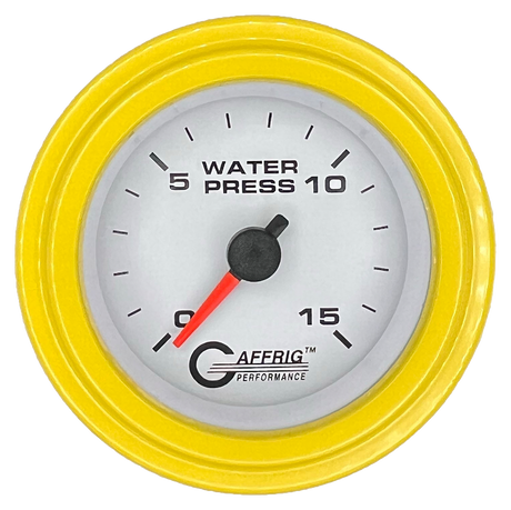 GAFFRIG 2 INCH MECHANICAL WATER PRESSURE 0-15 PSI GAUGE STEP RIM (002) / YELLOW / WHITE