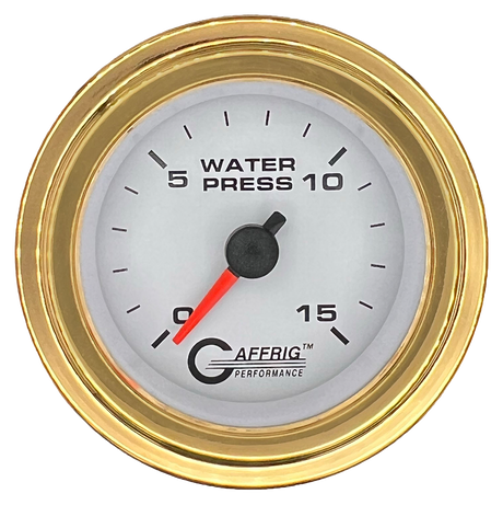 GAFFRIG 2 INCH MECHANICAL WATER PRESSURE 0-15 PSI GAUGE STEP RIM (002) / GOLD / WHITE