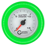 GAFFRIG 2 INCH MECHANICAL WATER PRESSURE 0-15 PSI GAUGE FAT RIM (218) / LIME GREEN / WHITE