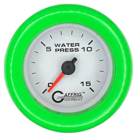 GAFFRIG 2 INCH MECHANICAL WATER PRESSURE 0-15 PSI GAUGE FAT RIM (218) / LIME GREEN / WHITE