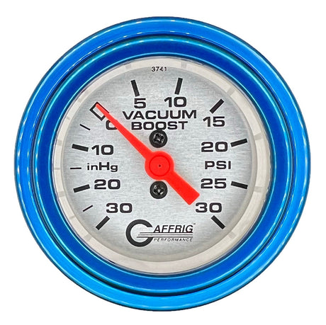 GAFFRIG 2 INCH MECHANICAL VACUUM 0-30HG/BOOST 0-30PSI GAUGE STEP RIM (002) / BLUE / PLATINUM