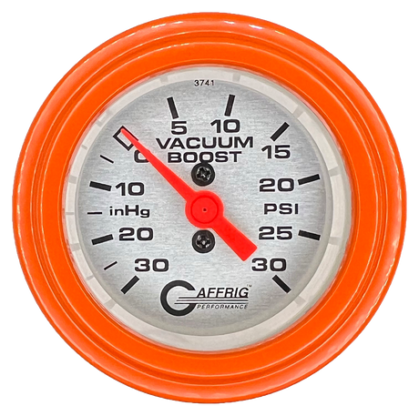 GAFFRIG 2 INCH MECHANICAL VACUUM 0-30HG/BOOST 0-30PSI GAUGE STEP RIM (002) / ORANGE / PLATINUM