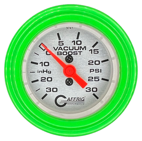 GAFFRIG 2 INCH MECHANICAL VACUUM 0-30HG/BOOST 0-30PSI GAUGE STEP RIM (002) / LIME GREEN / PLATINUM