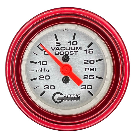 GAFFRIG 2 INCH MECHANICAL VACUUM 0-30HG/BOOST 0-30PSI GAUGE STEP RIM (002) / RED / PLATINUM