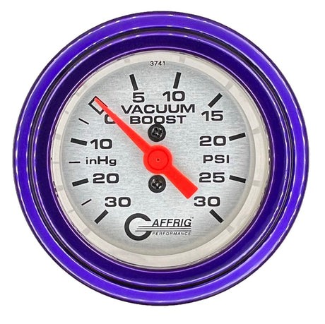 GAFFRIG 2 INCH MECHANICAL VACUUM 0-30HG/BOOST 0-30PSI GAUGE STEP RIM (002) / PURPLE / PLATINUM