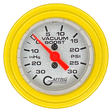 GAFFRIG 2 INCH MECHANICAL VACUUM 0-30HG/BOOST 0-30PSI GAUGE STEP RIM (002) / YELLOW / PLATINUM