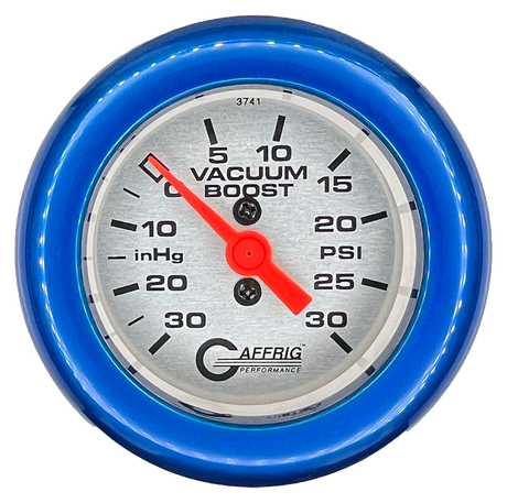 GAFFRIG 2 INCH MECHANICAL VACUUM 0-30HG/BOOST 0-30PSI GAUGE FAT RIM (218) / BLUE / PLATINUM