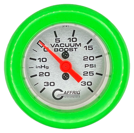 GAFFRIG 2 INCH MECHANICAL VACUUM 0-30HG/BOOST 0-30PSI GAUGE FAT RIM (218) / LIME GREEN / PLATINUM