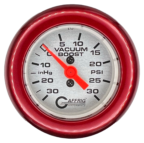 GAFFRIG 2 INCH MECHANICAL VACUUM 0-30HG/BOOST 0-30PSI GAUGE FAT RIM (218) / RED / PLATINUM