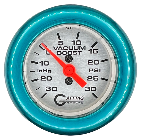 GAFFRIG 2 INCH MECHANICAL VACUUM 0-30HG/BOOST 0-30PSI GAUGE FAT RIM (218) / TEAL / PLATINUM