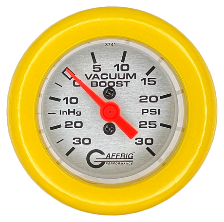 GAFFRIG 2 INCH MECHANICAL VACUUM 0-30HG/BOOST 0-30PSI GAUGE FAT RIM (218) / YELLOW / PLATINUM