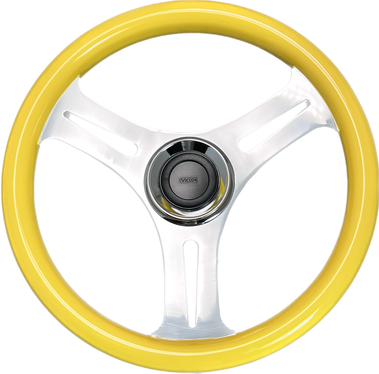 GAFFRIG URETHANE 3 SPOKE STAINLESS STEEL STEERING WHEEL YELLOW